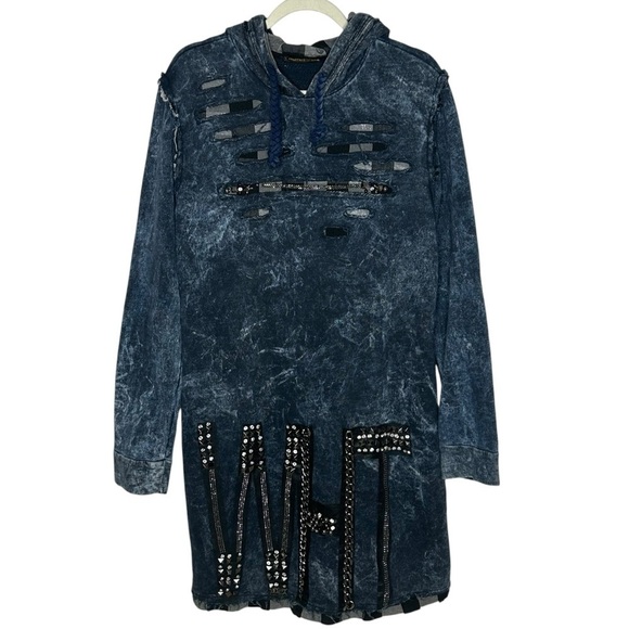 Signet Acid Wash Studded Ripped Long Sleeve Hooded Dress - Picture 1 of 10